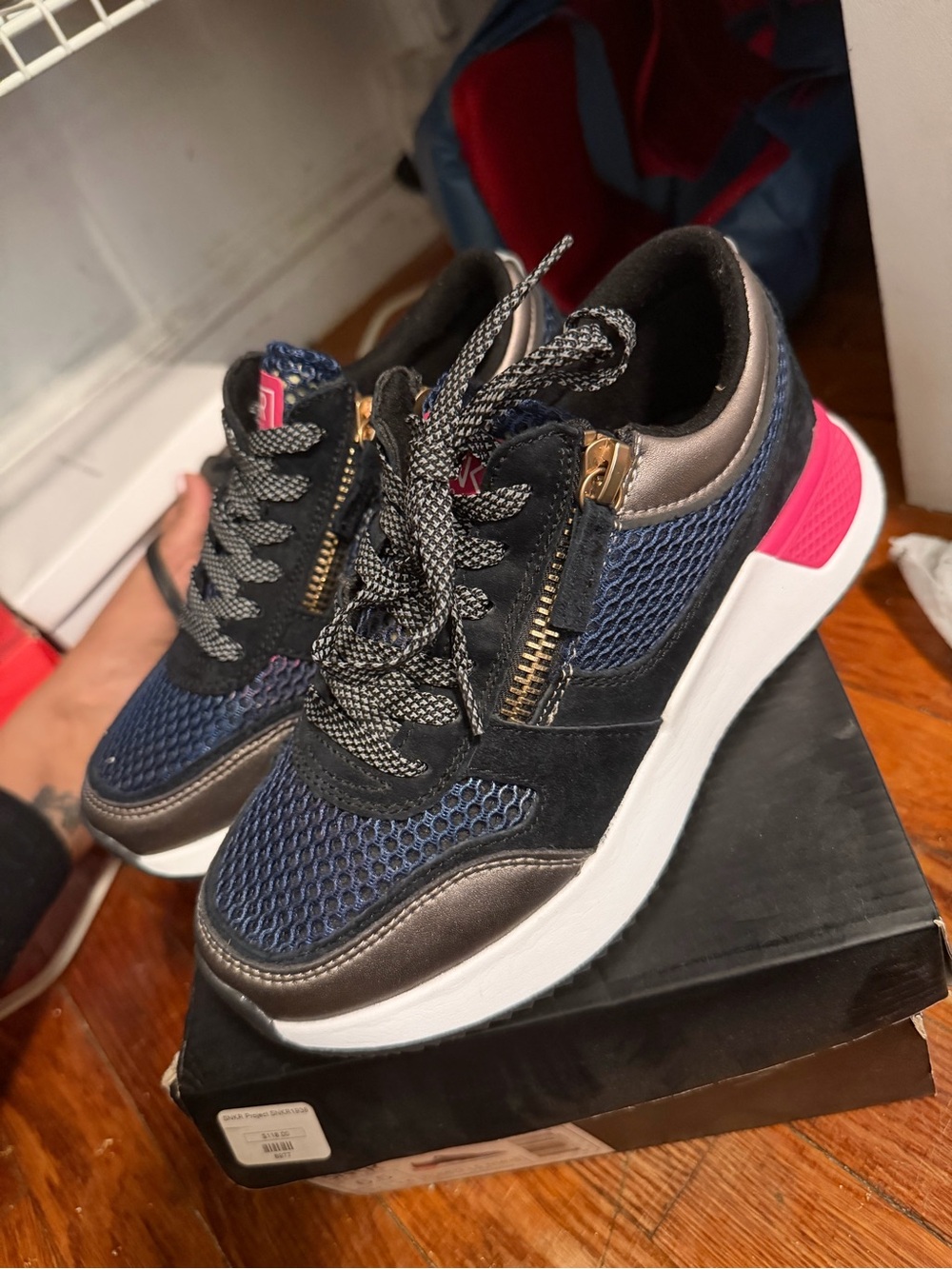 Wedge Sneaker in Navy, Black & Hot Pink